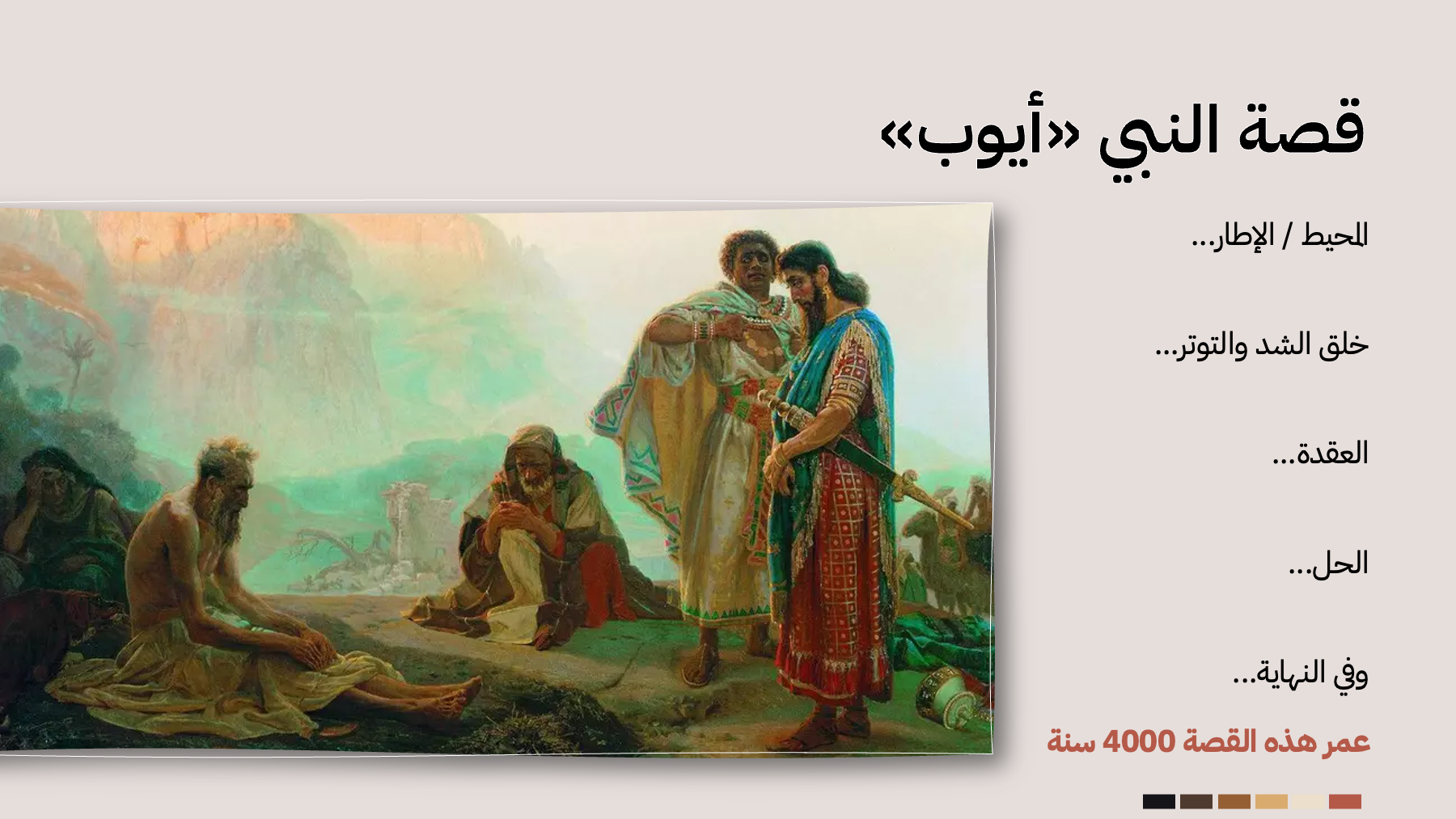 شريحة «قصة النبي أيوب»: الإطار، خلق الشد والتوتر، العقدة، الحل، وفي النهاية