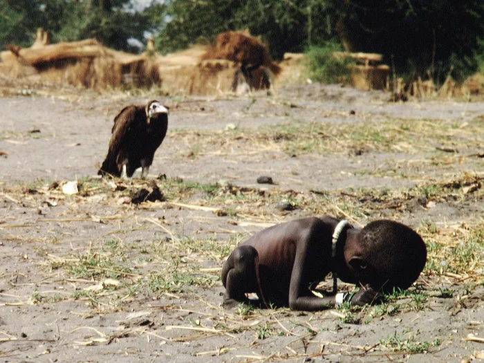 طفل يحتضر من الجوع في السودان ونسر يترقب على مقربة منه